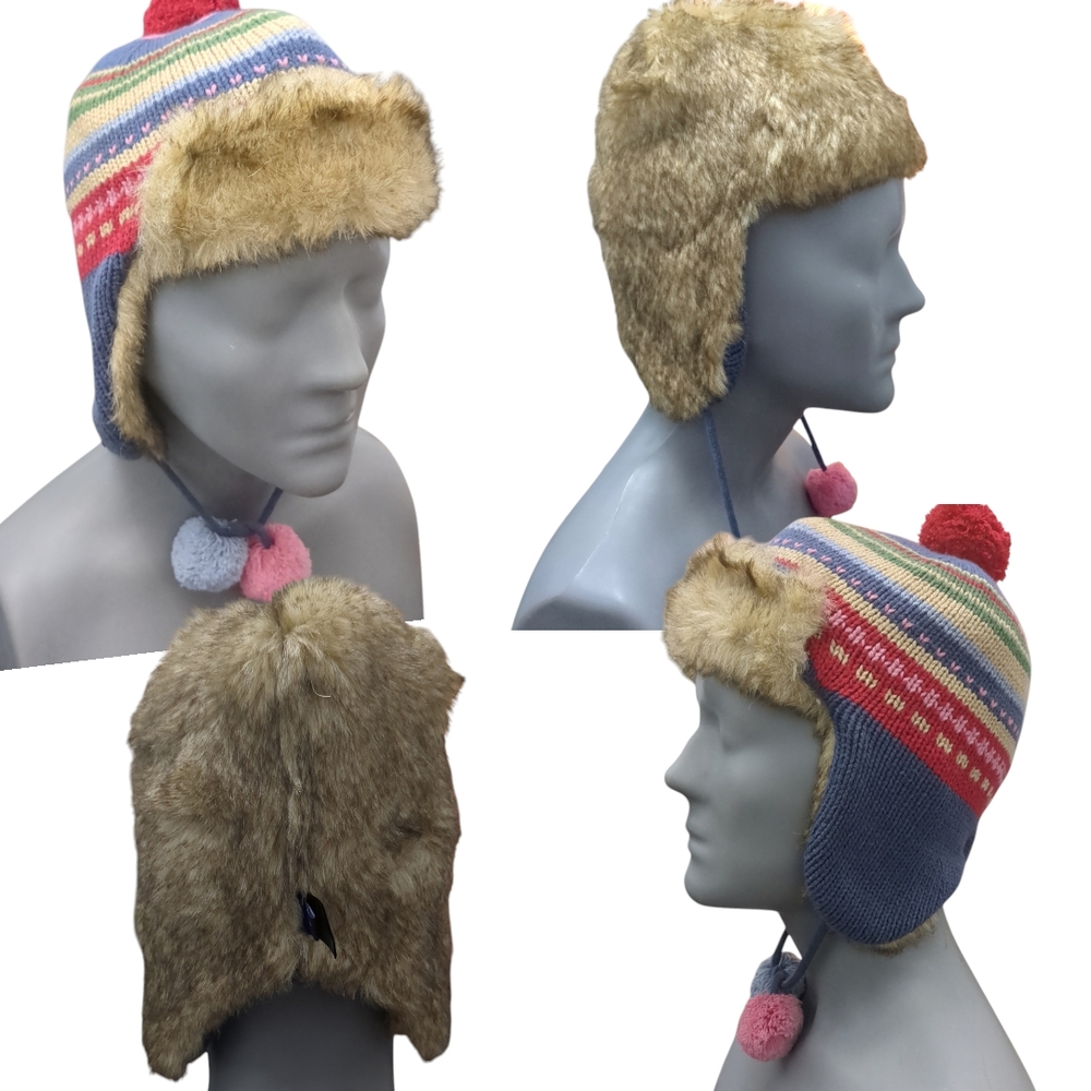 Blue and Red Knit Hat with Fur Trim and Ear Flaps